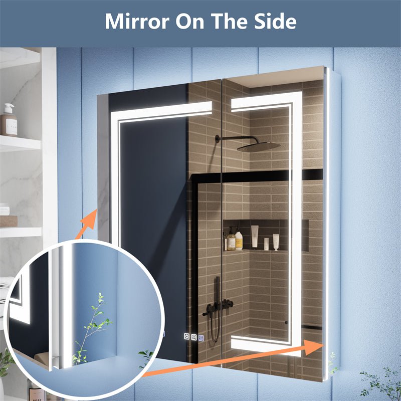 Illusion - B 30" x 32" LED Lighted Inset Mirrored Medicine Cabinet with Magnifiers Front and Back Light
