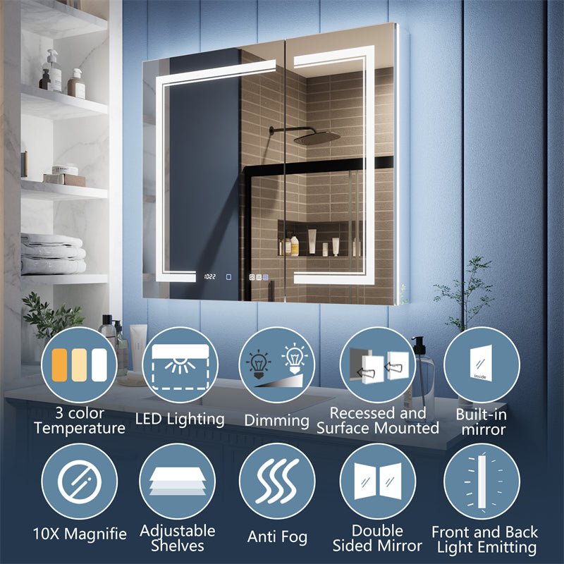 Illusion - B 36" x 32" LED Lighted Inset Mirrored Medicine Cabinet with Magnifiers Front and Back Light