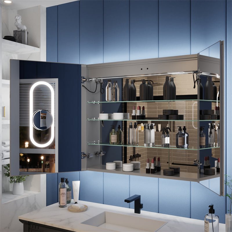 Illusion - B 36" x 32" LED Lighted Inset Mirrored Medicine Cabinet with Magnifiers Front and Back Light