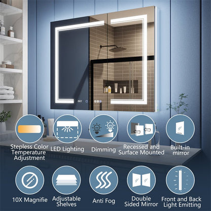Illusion - B 40" x 32" LED Lighted Inset Mirrored Medicine Cabinet with Magnifiers Front and Back Light