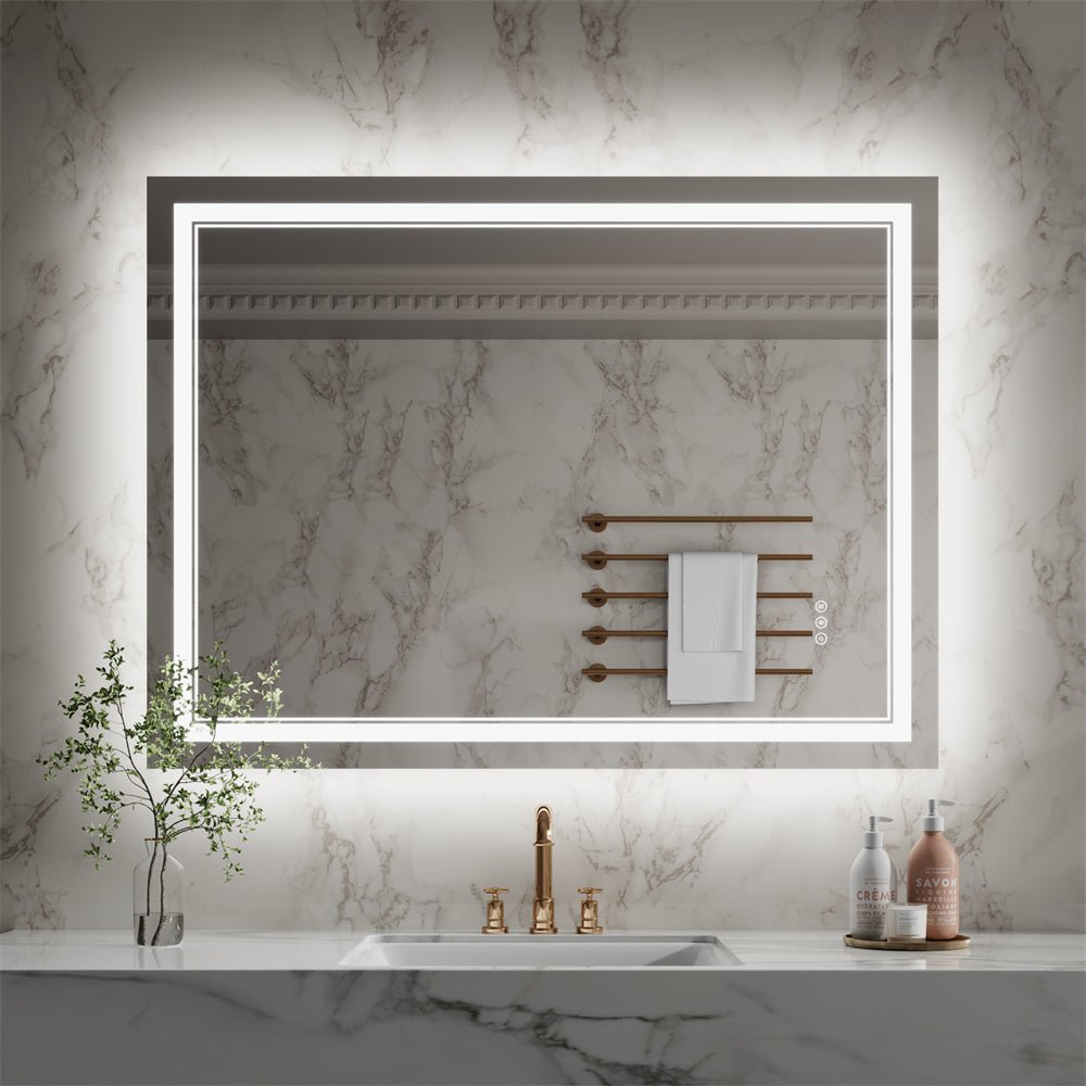 Linea 48" W x 36" H LED Heated Bathroom Mirror,Anti Fog,Dimmable,Front - Lighted and Backlit, Tempered Glass