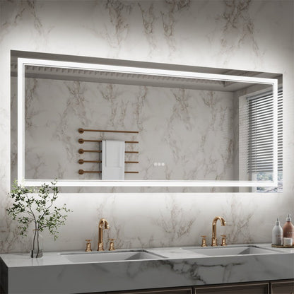 Linea 72" W x 32" H LED Heated Bathroom Mirror,Anti Fog,Dimmable,Front - Lighted and Backlit, Tempered Glass