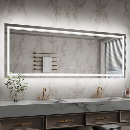 Linea 84" W x 32" H LED Heated Bathroom Mirror,Anti Fog,Dimmable,Front - Lighted and Backlit, Tempered Glass