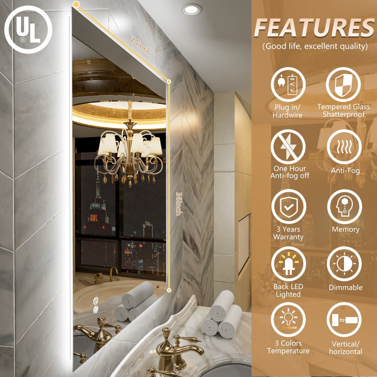 Navi LED Bathroom Mirror 24" x 36" with Backlit,Mirror with Lights Wall Mounted Anti Fog,Led Mirror for Bathroom,HD Tempered Glass,Shatter - Proof