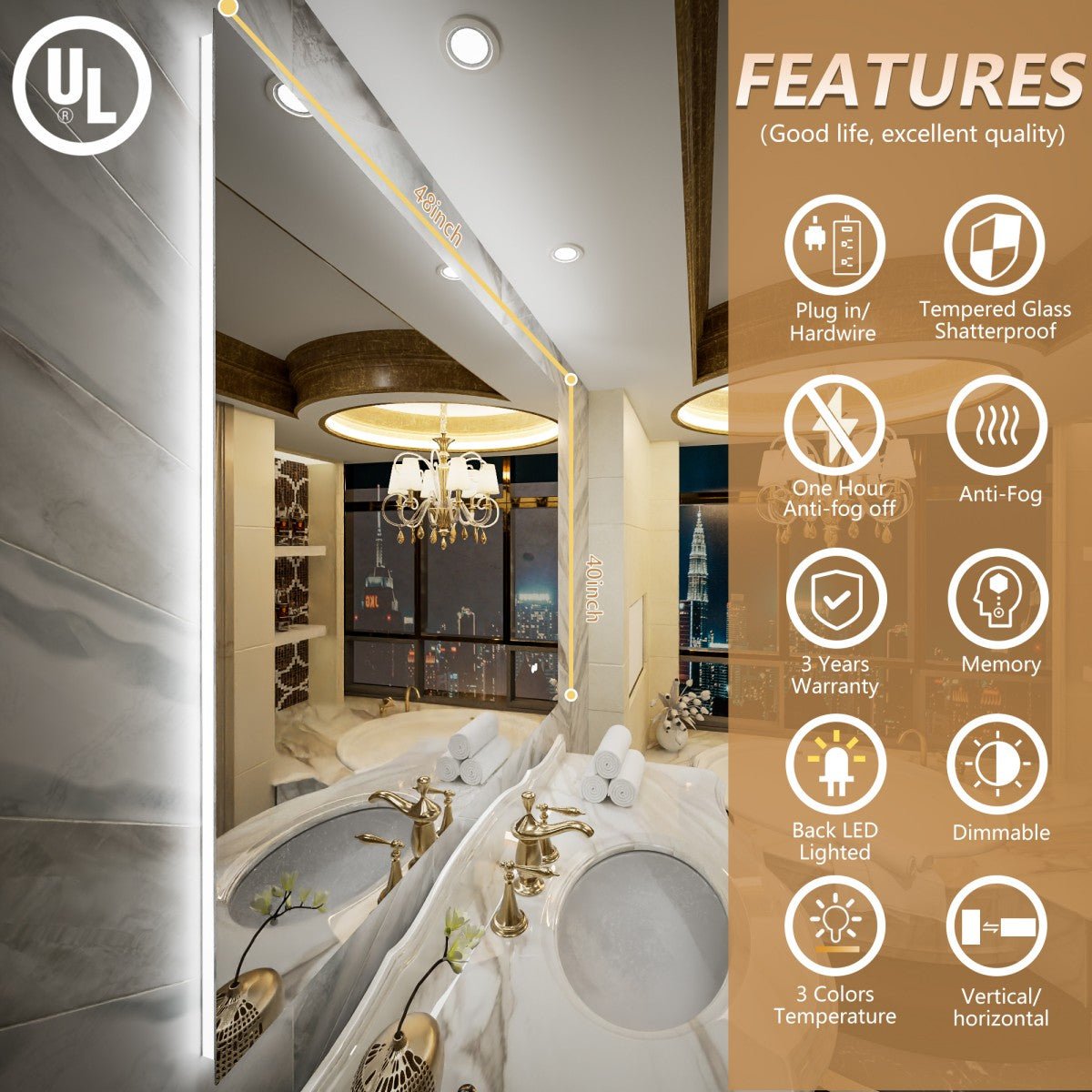 Navi LED Bathroom Mirror 48" x 40" with Backlit,Mirror with Lights Wall Mounted Anti Fog,Led Mirror for Bathroom,HD Tempered Glass,Shatter - Proof