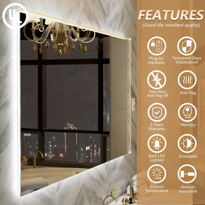 Navi LED Bathroom Mirror 55" x 30" with Backlit,Mirror with Lights Wall Mounted Anti Fog,Led Mirror for Bathroom,HD Tempered Glass,Shatter - Proof