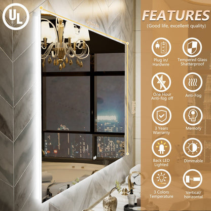 Navi LED Bathroom Mirror 60" x 36" with Backlit,Mirror with Lights Wall Mounted Anti Fog,Led Mirror for Bathroom,HD Tempered Glass,Shatter - Proof