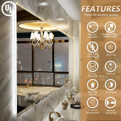 Navi LED Bathroom Mirror 96" x 36" with Backlit,Mirror with Lights Wall Mounted Anti Fog,Led Mirror for Bathroom,HD Tempered Glass,Shatter - Proof
