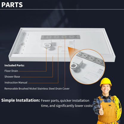 Pequod - L Shower Base, 60"x 32", White with Brushed Nickel Cover,Left
