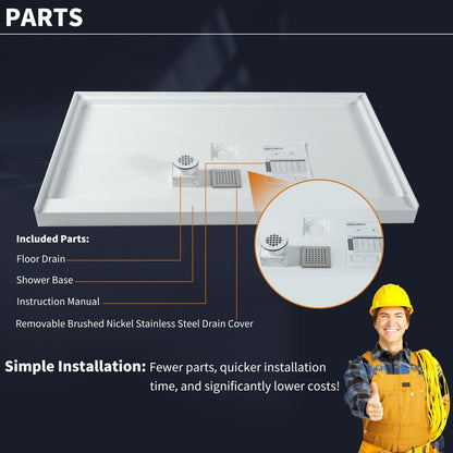 Pequod - M Shower Base, 60"x 36", White with Brushed Nickel Cover,Middle