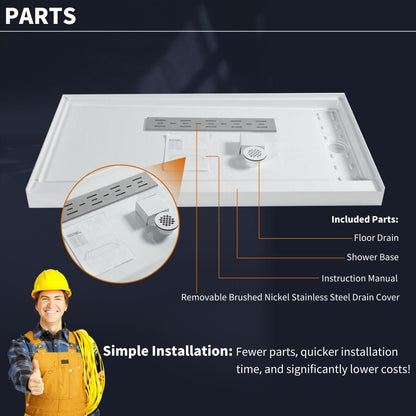 Pequod - R Shower Base, 60"x 30", White with Brushed Nickel Cover,Right