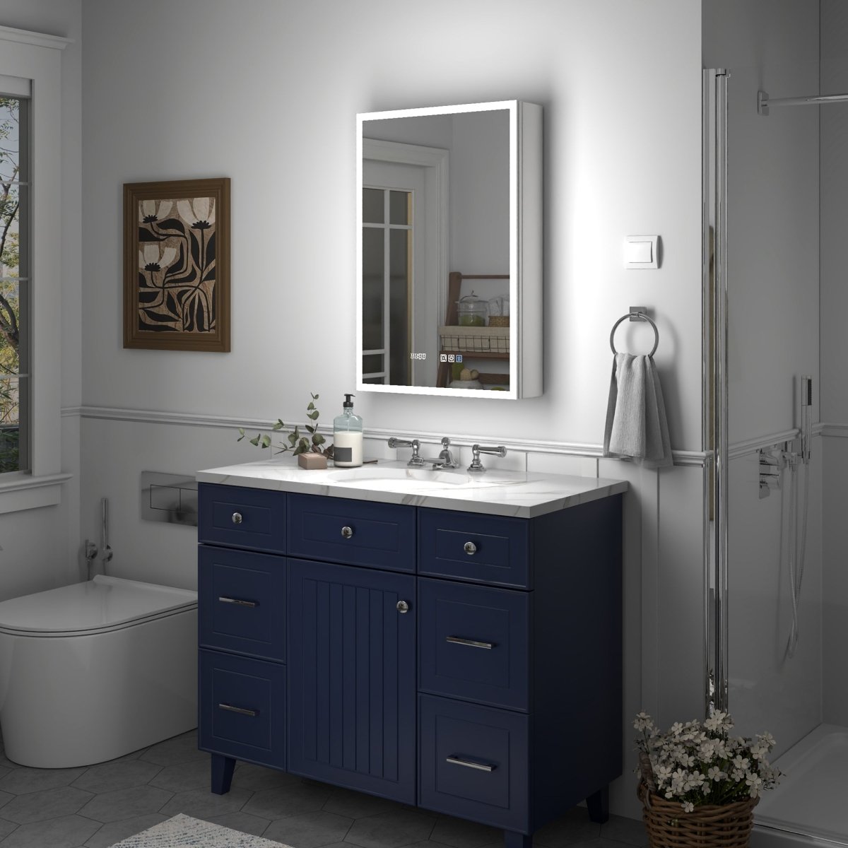 Rim 20" W x 30" H Lighted Medicine Cabinet Recessed or Surface led Medicine Cabinet with Outlets & USBs,Hinge on the right