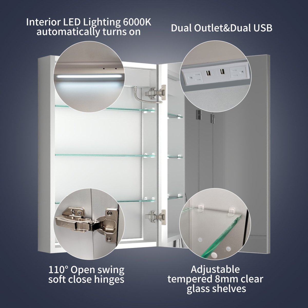 Rim 20" W x 30" H Lighted Medicine Cabinet Recessed or Surface led Medicine Cabinet with Outlets & USBs,Hinge on the right