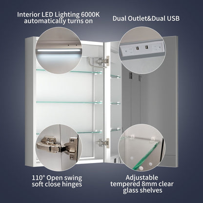 Rim 20" W x 30" H Lighted Medicine Cabinet Recessed or Surface led Medicine Cabinet with Outlets & USBs,Hinge on the right