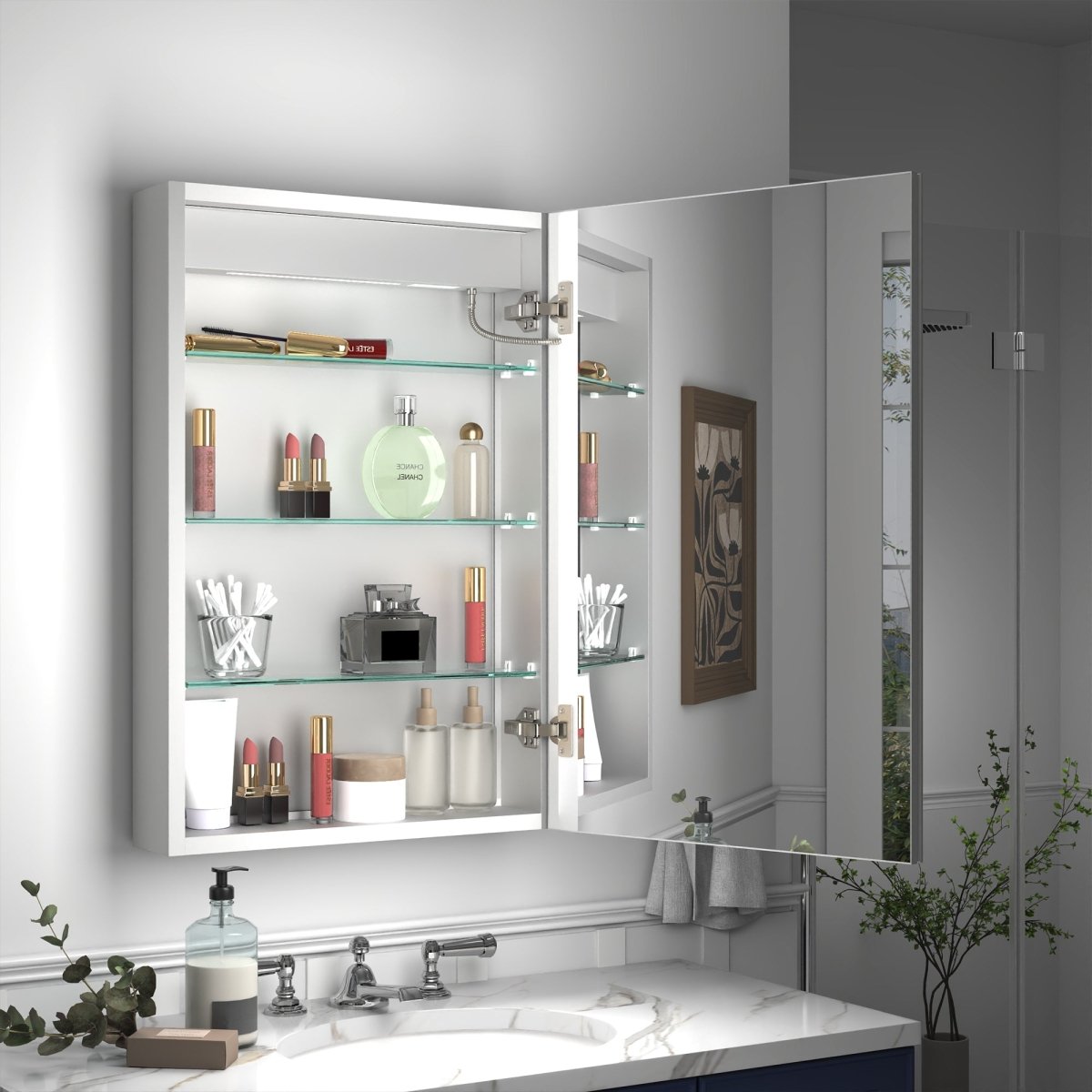 Rim 20" W x 30" H Lighted Medicine Cabinet Recessed or Surface led Medicine Cabinet with Outlets & USBs,Hinge on the right