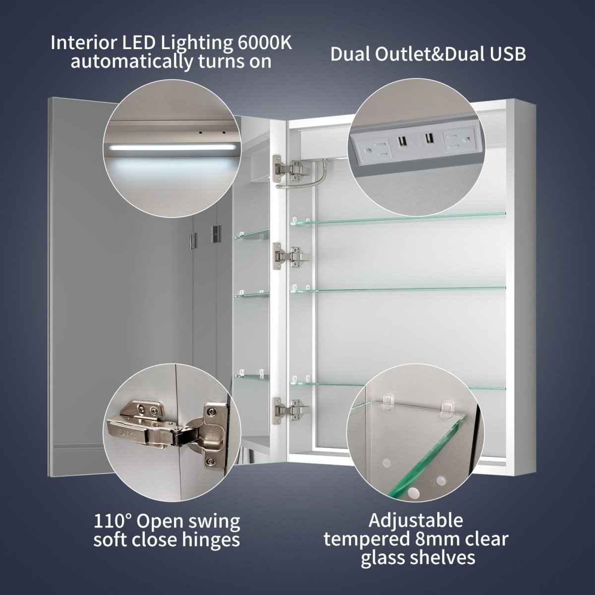 Rim 24" W x 32" H LED Lighted Medicine Cabinet Recessed or Surface with mirrors,Hinge on the left