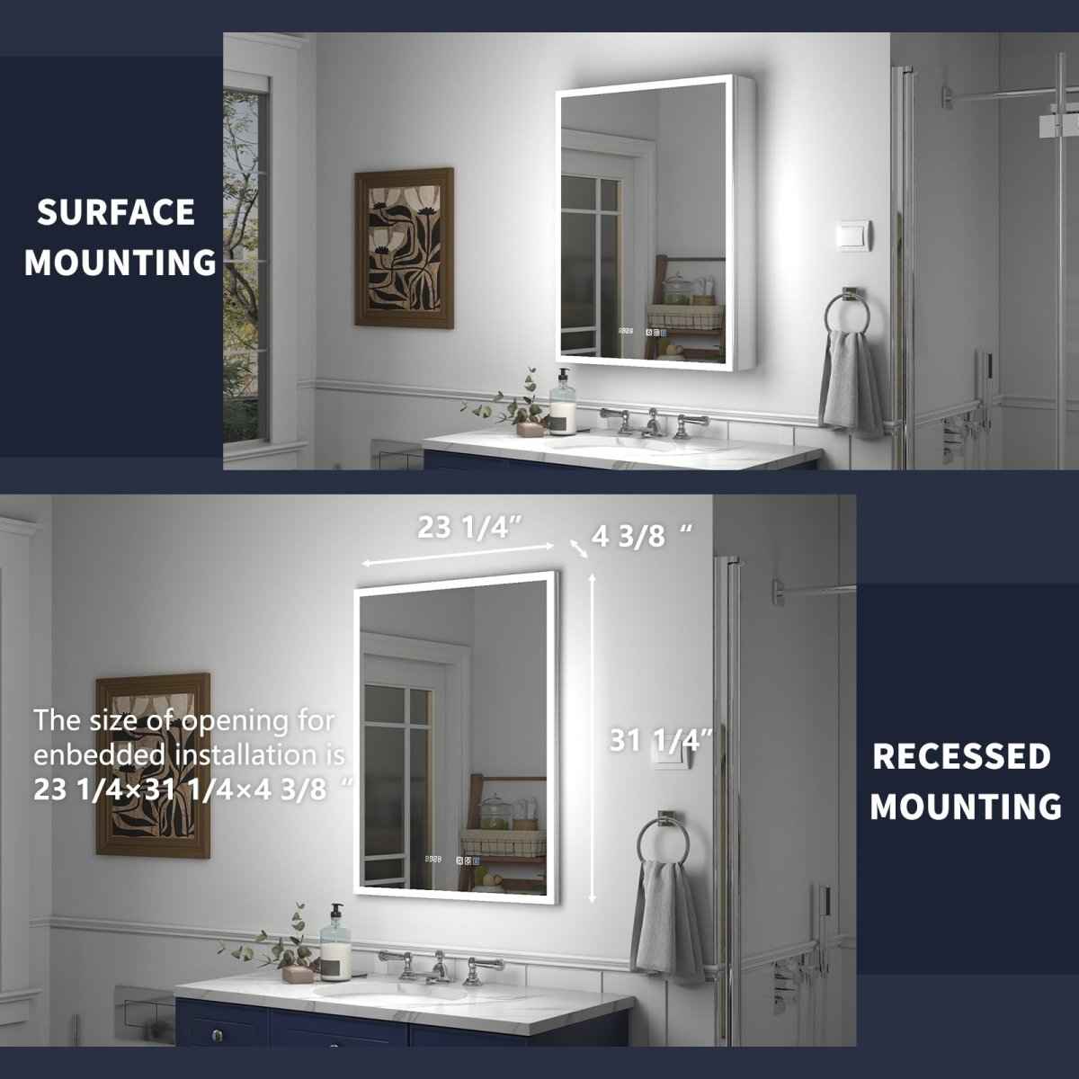 Rim 24" W x 32" H LED Lighted Medicine Cabinet Recessed or Surface with mirrors,Hinge on the left