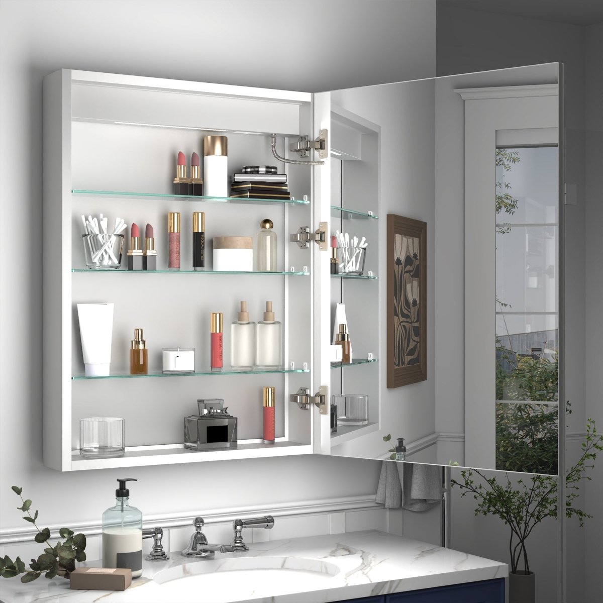 Rim 24" W x 32" H Led Lighted Medicine Cabinet Recessed or Surface with mirrors,Hinge on the right