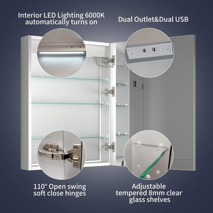 Rim 24" W x 32" H Led Lighted Medicine Cabinet Recessed or Surface with mirrors,Hinge on the right