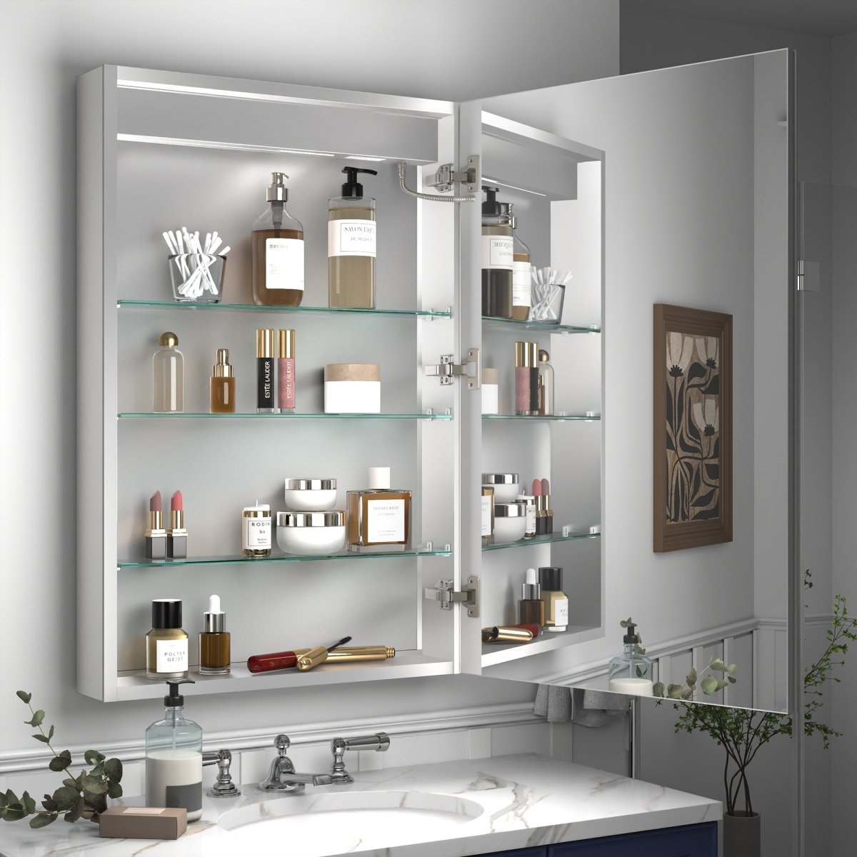 Rim 24" x 36" LED lighted medicine cabinet with mirrors, recessed or surface mount, right hinge, adjustable brightness, and digital display.