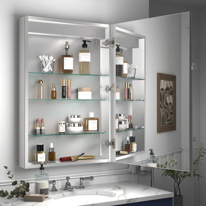 Rim 24" x 36" LED lighted medicine cabinet with mirrors, recessed or surface mount, right hinge, adjustable brightness, and digital display.