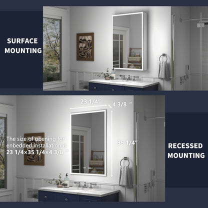 Rim 24" W x 36" H LED lighted medicine cabinet for recessed or surface mounting with mirrors.