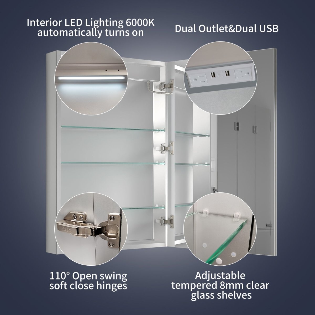 LED lighted medicine cabinet with dual outlets, USB ports, adjustable glass shelves, and soft-close hinges.