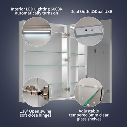 LED lighted medicine cabinet with dual outlets, USB ports, adjustable glass shelves, and soft-close hinges.