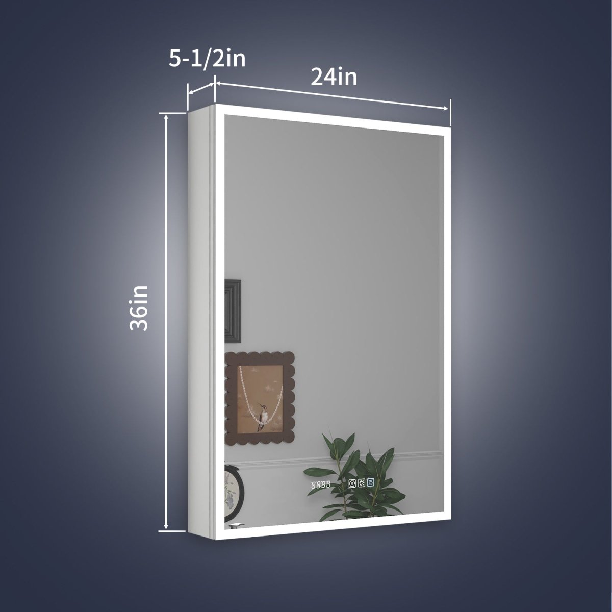 Rim 24" W x 36" H LED lighted medicine cabinet with mirrors, recessed or surface mount, right hinge, featuring adjustable brightness and defogging.