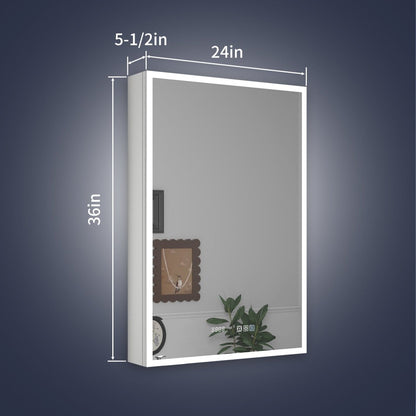 Rim 24" W x 36" H LED lighted medicine cabinet with mirrors, recessed or surface mount, right hinge, featuring adjustable brightness and defogging.