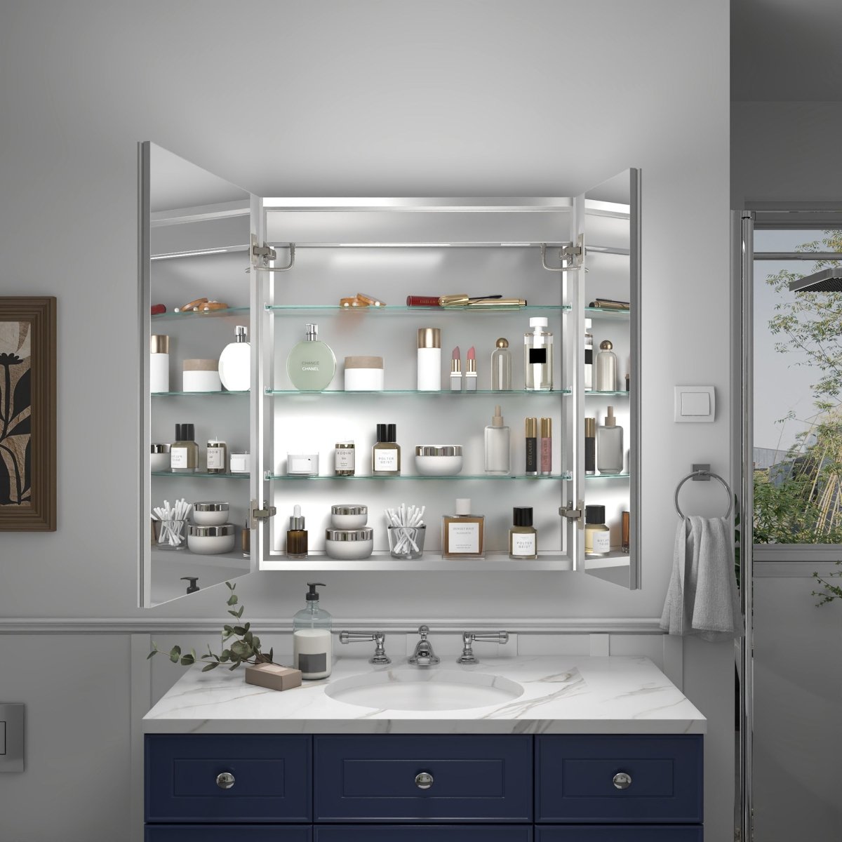 Rim 28" x 32" LED lighted medicine cabinet with mirrors, recessed or surface mount, in bathroom setting.