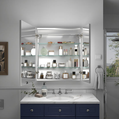 Rim 28" x 32" LED lighted medicine cabinet with mirrors, recessed or surface mount, in bathroom setting.