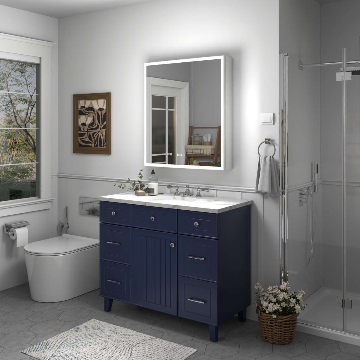 LED lighted medicine cabinet with mirrors in a modern bathroom.