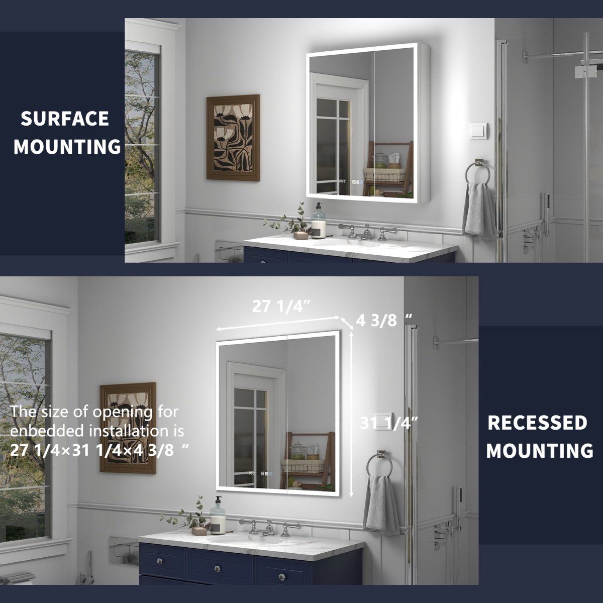 Rim 28" W x 32" H LED lighted medicine cabinet for recessed or surface mounting, featuring mirrored doors and adjustable interior lighting.