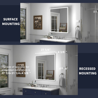 Rim 28" W x 32" H LED lighted medicine cabinet for recessed or surface mounting, featuring mirrored doors and adjustable interior lighting.