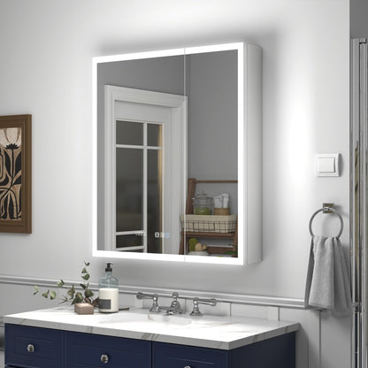 Rim 28" x 32" LED lighted medicine cabinet installed in bathroom with mirrors, offering recessed or surface mounting options.