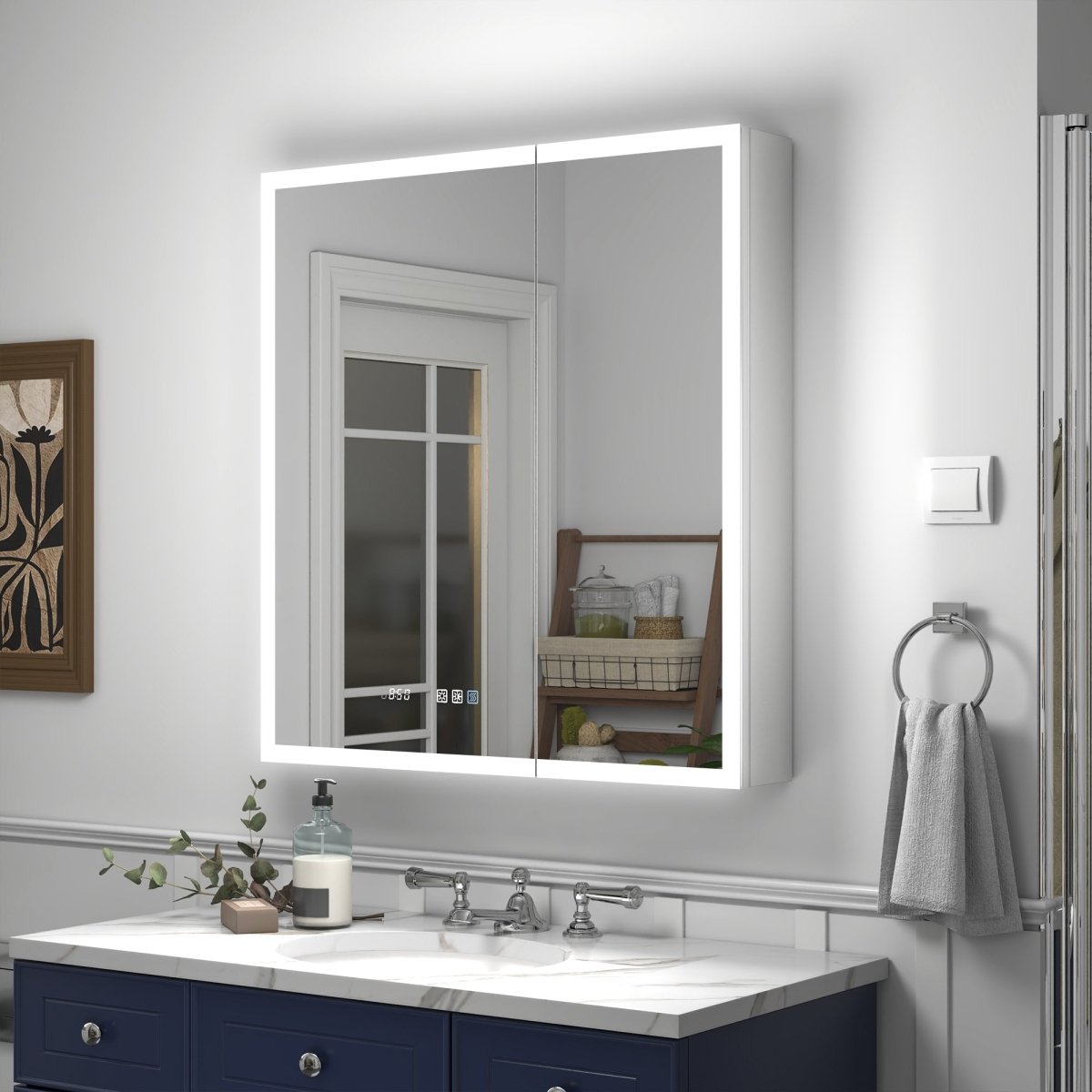 Rim 30" W x 32" H Lighted Medicine Cabinet Recessed or Surface led Medicine Cabinet with Outlets & USBs