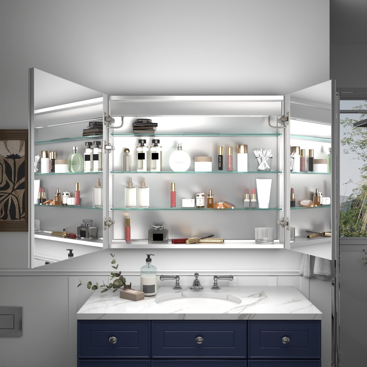 Rim 36" LED lighted medicine cabinet with mirrors, recessed or surface installation, interior lighting, mirrored glass shelves, digital display, and USB ports.