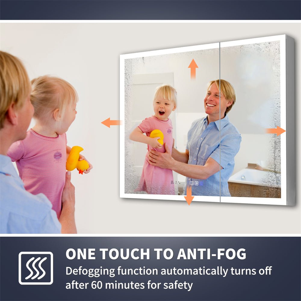 Rim 36" x 30" LED lighted medicine cabinet with anti-fog mirror feature, ideal for recessed or surface mounting in modern bathrooms.