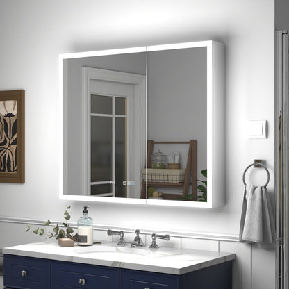 Rim 36" W x 30" H LED lighted medicine cabinet with mirror, recessed or surface mount, in modern bathroom.