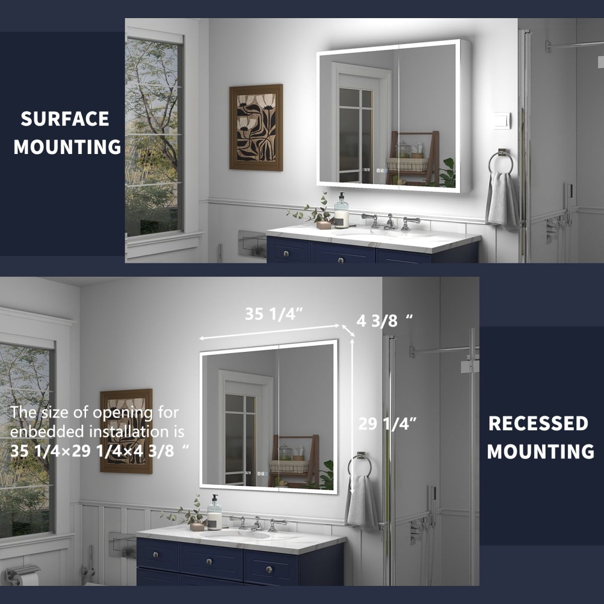 Rim 36" W x 30" H LED lighted medicine cabinet with mirrors, recessed or surface mounting.