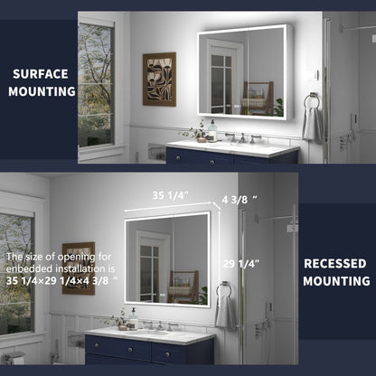 Rim 36" W x 30" H LED lighted medicine cabinet with mirrors, recessed or surface mounting.