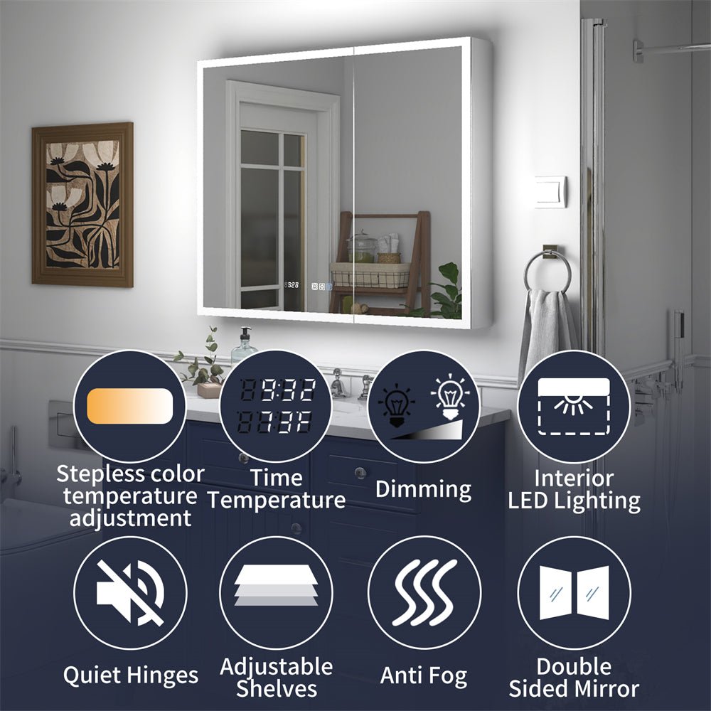 Rim 36" x 32" LED lighted medicine cabinet with clock, stepless brightness adjustment, interior LED lighting, anti-fog features, and high-tech functions for modern bathrooms.