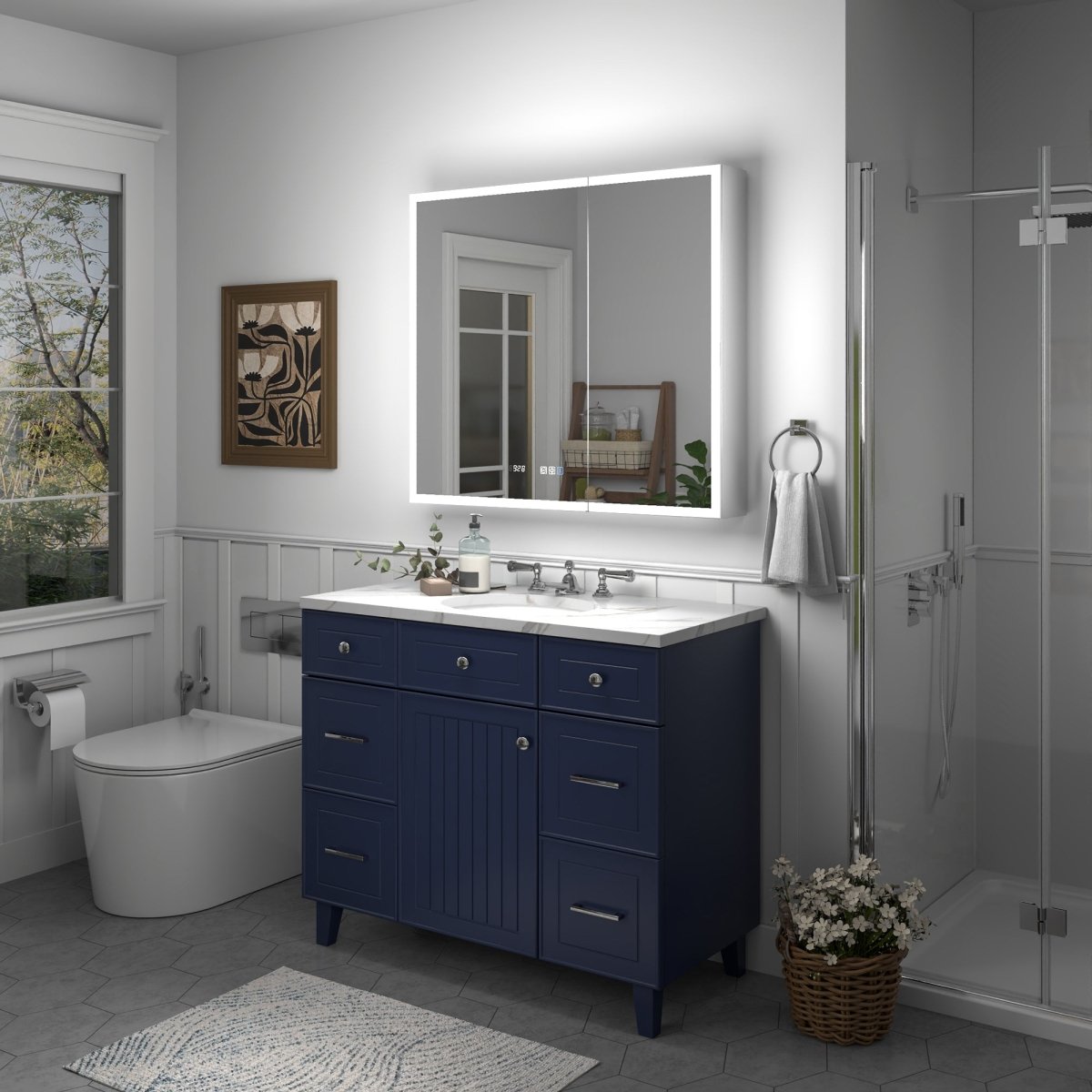 Rim 36" x 32" LED lighted medicine cabinet with clock in modern bathroom setting.