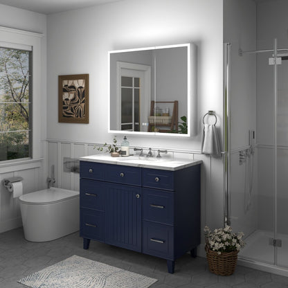 Rim 36" x 32" LED lighted medicine cabinet with clock in modern bathroom setting.