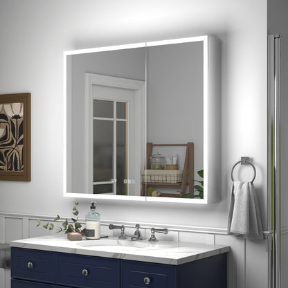 Rim 36" x 32" LED lighted medicine cabinet with clock, recessed or surface mount, sleek design in bathroom setting.
