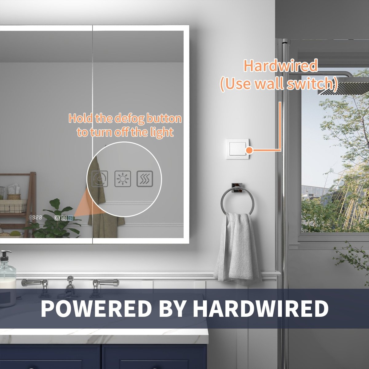 Rim 36" x 32" LED lighted medicine cabinet with clock, recessed or surface mount, bathroom mirror.