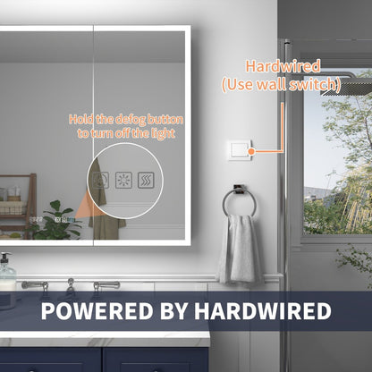 Rim 36" x 32" LED lighted medicine cabinet with clock, recessed or surface mount, bathroom mirror.