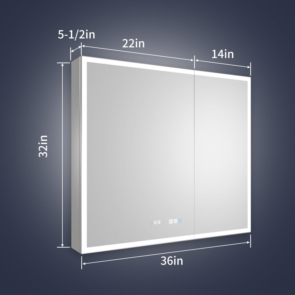 36" x 32" LED lighted medicine cabinet with clock, recessed or surface mounted.
