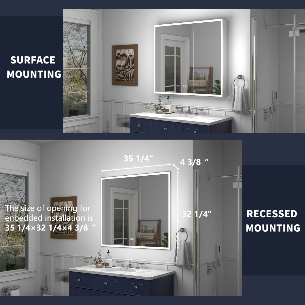 Rim 36" W x 32" H LED lighted medicine cabinet with clock, shown in both surface and recessed mounting options in modern bathroom setting.